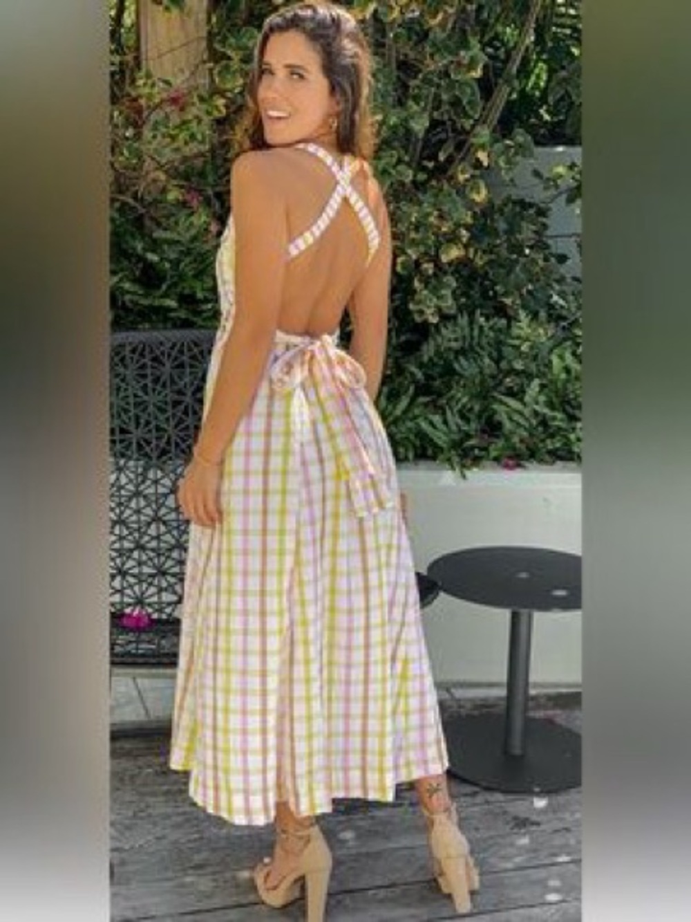 Cross-Back Plaid Midi Dress in Yellow & Pink